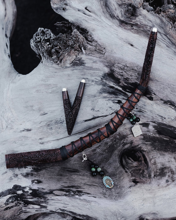 Handcrafted Balinese wood tepi and kuripe set, adorned with sacred geometry for spiritual healing and meditation ceremonies, a unique ceremonial gift
