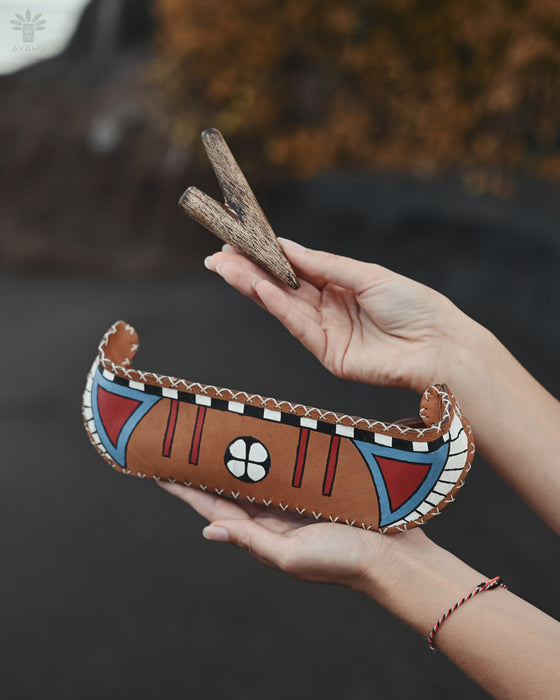 Artist-painted shamanic leather bag with spacious interior, ideal for rituals, ceremonies, and travel altars.