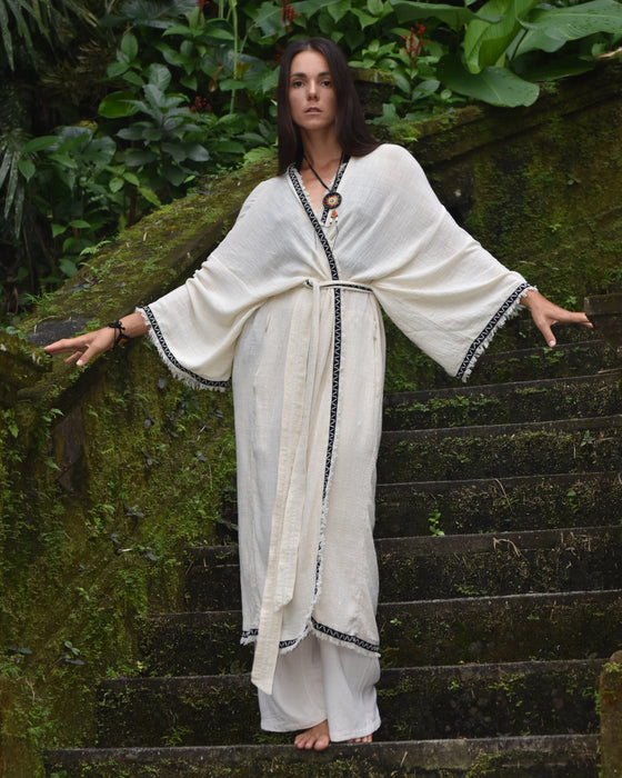 Long Cotton Boho Kimono Cardigan, lightweight and stylish, perfect for creating a summer outfit.