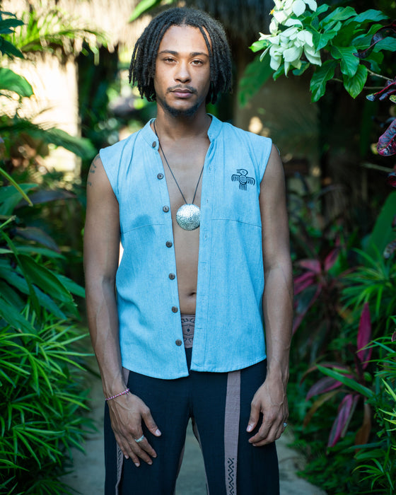 Sleeveless Tribal Shirt – 100% Cotton Shaman Top, Hand-Printed Pattern, Shoulder-Free Design, Ceremony & Everyday Wear