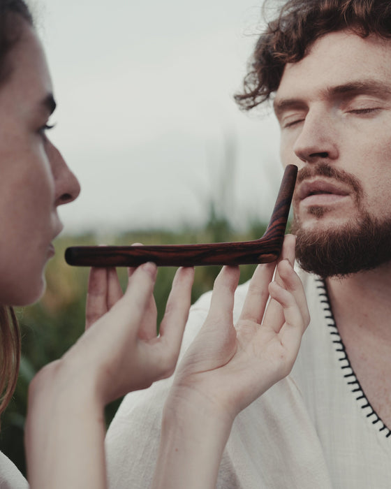 This handcrafted rose wood Tepi from Bali is a portable tool for Hape, designed for shamanic practices and spiritual meditation. A unique gift that offers protection and healing,  a ceremonial staple for those seeking spiritual gift