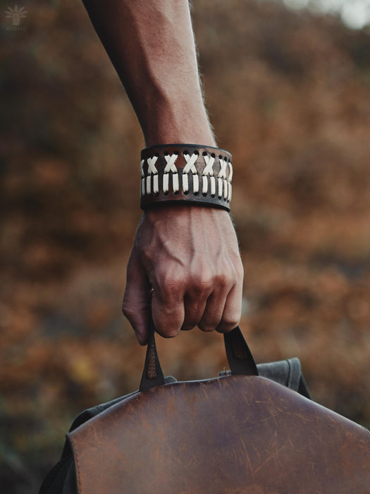 Spiritual, bold bracelet made from premium buffalo hide, designed to channel primal energy and ancestral roots.