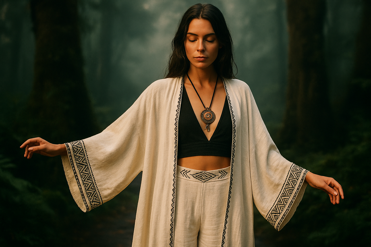 Bohemian and shamanic fashion – woman in white kimono with ethnic details in mystical forest