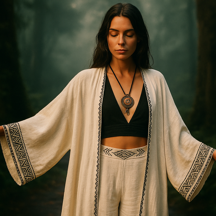 Bohemian and shamanic fashion – woman in white kimono with ethnic details in mystical forest