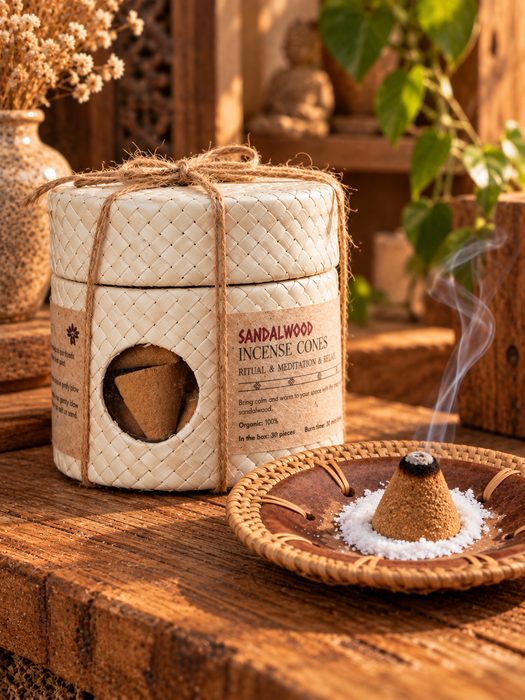 Sandalwood Incense Cones | Natural Sandalwood & Plant Resin | 30 pcs in Gift Tube with Holder