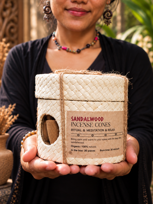 Sandalwood Incense Cones | Natural Sandalwood & Plant Resin | 30 pcs in Gift Tube with Holder