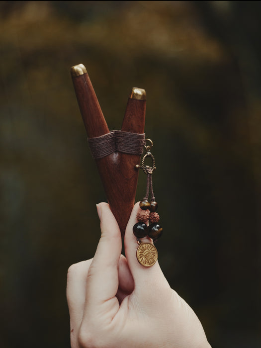 Teak Wood Kuripe with Bronze Cups – Handmade Shamanic Rapé Applicator