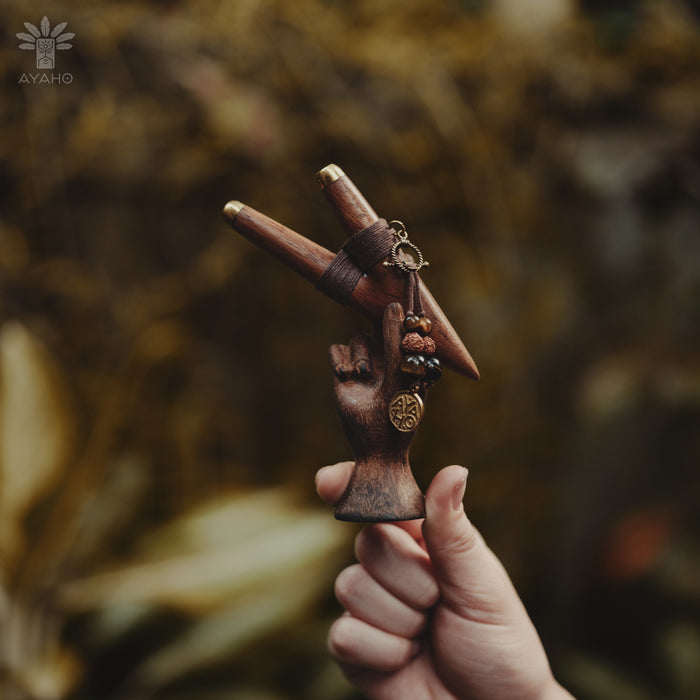 Teak Wood Kuripe with Bronze Cups – Handmade Shamanic Rapé Applicator