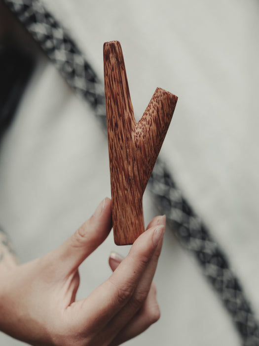 Wooden tool held by a hand with a blurred background