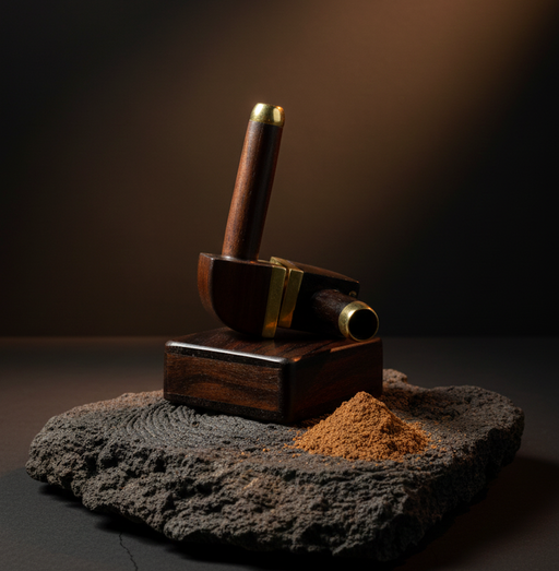 Wooden pestle and mortar with a small pile of powder on a dark surface