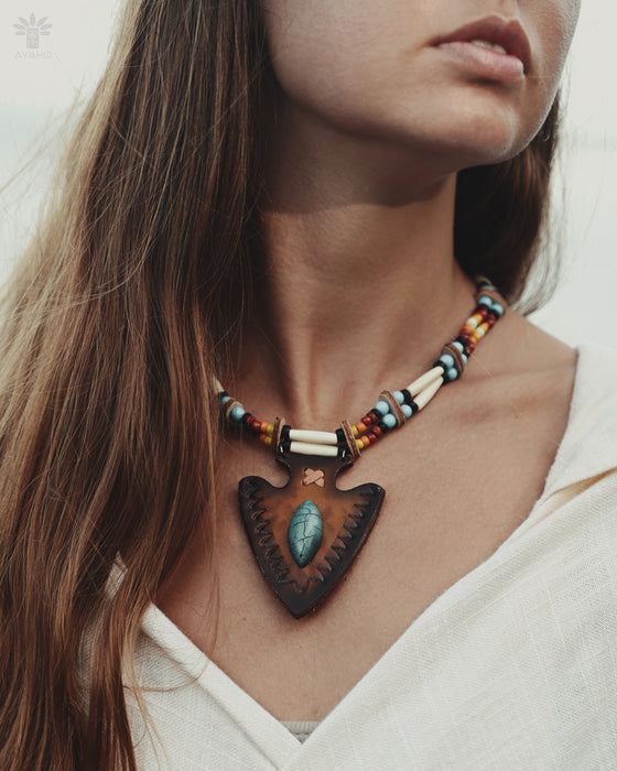 Festival Necklace | Boho Hippie Ethnic Jewelry | Adjustable Ceremony Accessory | Handmade Shamanic Jewelry Buffalo- Leather Shaman Amulet