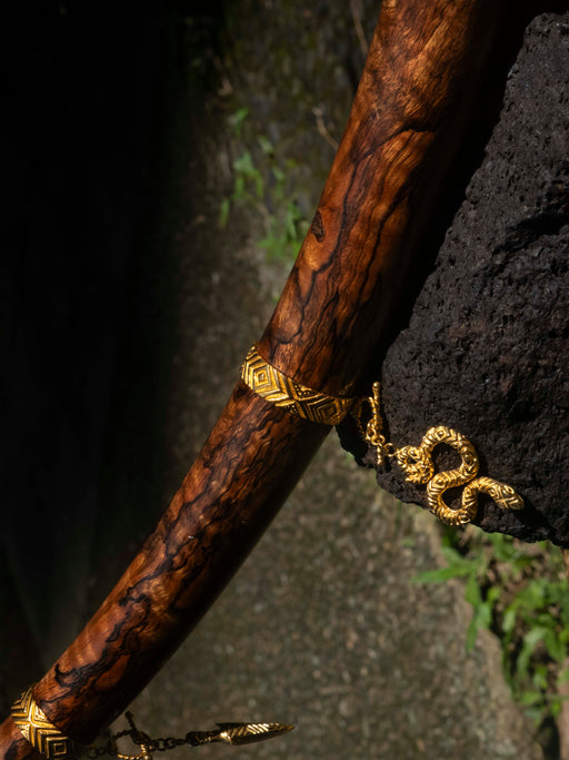 Wooden staff with gold accents against a dark background