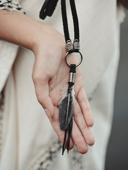 Black raven feather encased in resin with silver wire wrapping, hanging from a black leather choker for an edgy spiritual look