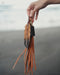 Delicate pheasant feather amulet with copper wire wrapping, suspended from a suede cord over a smudging bowl.