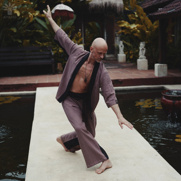 "Bali-made cotton kimono in bright tones, combining traditional ethnic weaving with modern unisex design