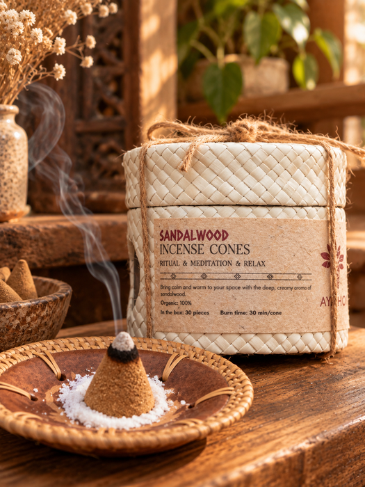 Sandalwood Incense Cones | Natural Sandalwood & Plant Resin | 30 pcs in Gift Tube with Holder