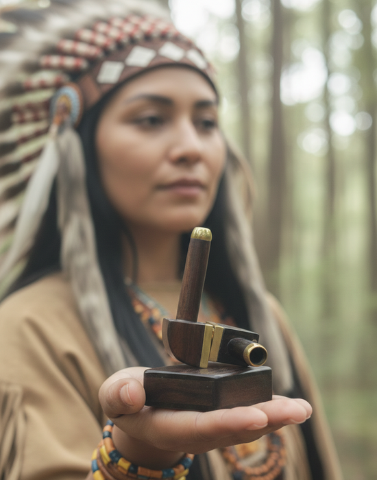 Person in traditional attire holding a wooden object in a forest setting