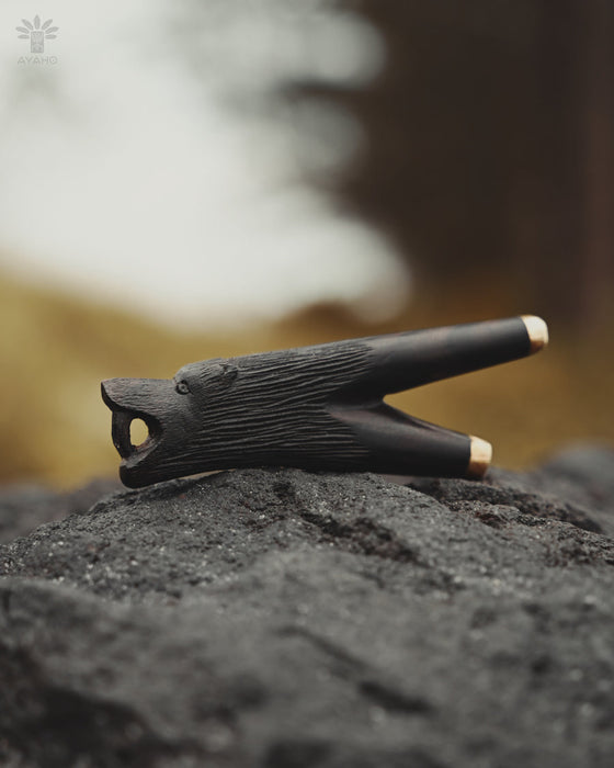 Kuripe "Totem - Bear" Made of Fused Rosewood with Bronze Caps – Shamanic Tool for Rapé Ceremonies 