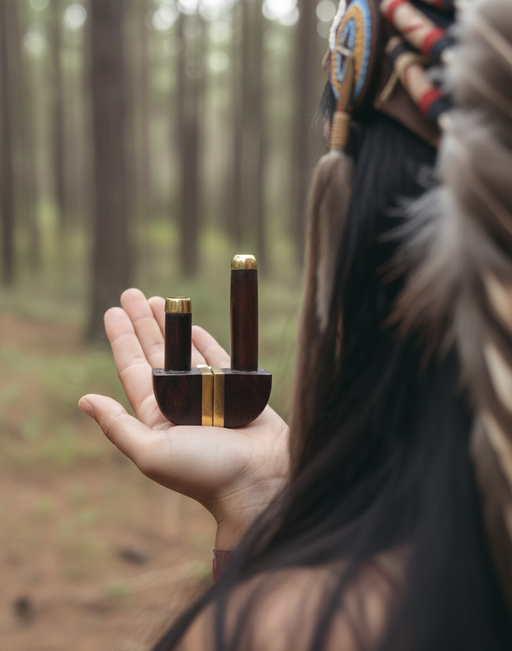 Person in a forest holding two small wooden objects