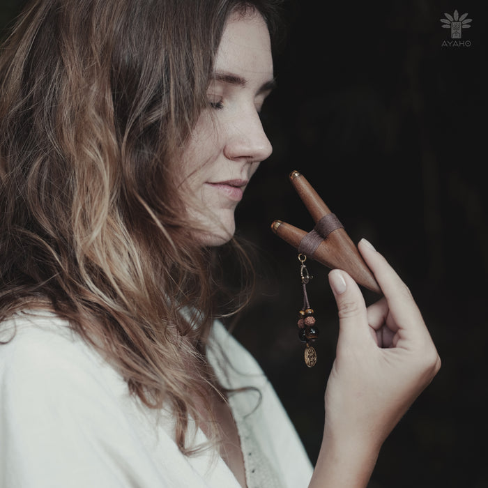 Teak Wood Kuripe with Bronze Cups – Handmade Shamanic Rapé Applicator