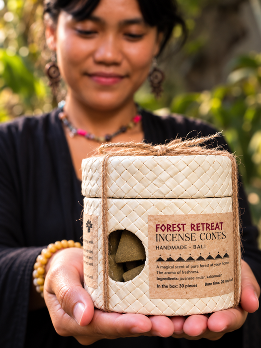 Forest Retreat Incense Cones | Natural Bali Handmade Incense | 30 pcs in Gift Tube with Holder