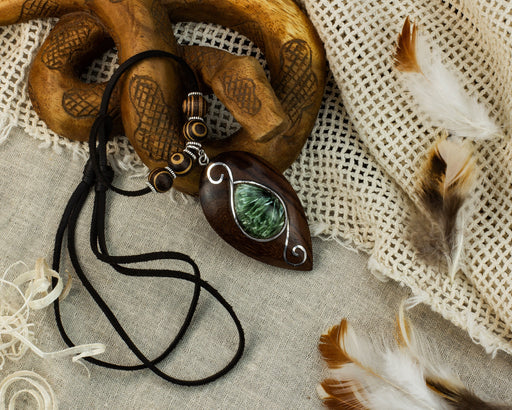 Handcrafted silver amulet with seraphinite and rosewood - spiritual protection and heart chakra healing