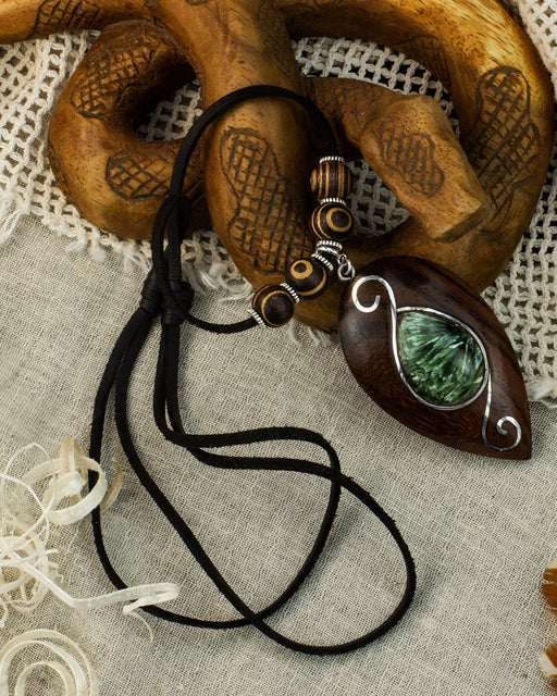 Handcrafted silver amulet with seraphinite and rosewood - spiritual protection and heart chakra healing