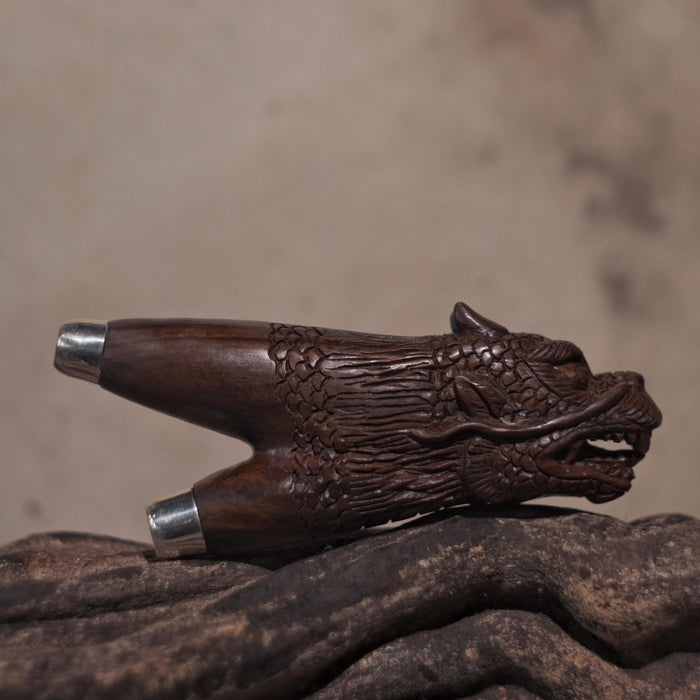 Kuripi Dragon Totem and Silver Caps .Hand Carved Rosewood . Unique Spiritual Tool