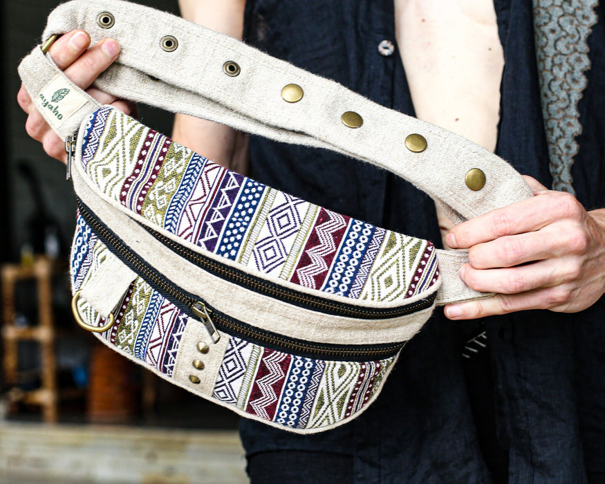 A close-up of a shamanic-inspired belt bag adorned with Mexican motifs, a chic and practical accessory for festivals and everyday adventures