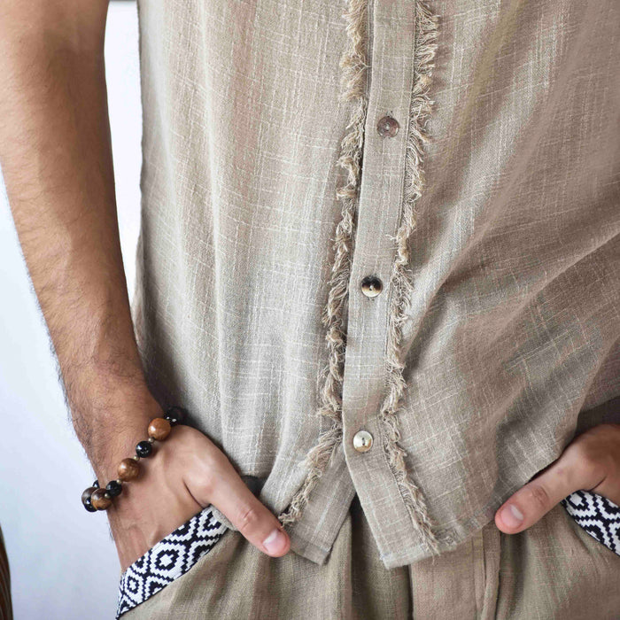 Artisan ethnic bracelet with agarwood and agate stones, featuring a sterling silver Bali clasp, designed as a ceremonial talisman for spiritual practice