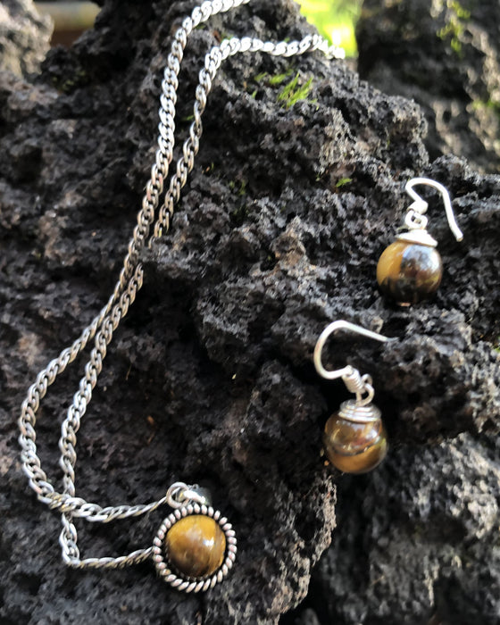 Jewelry set earrings and pendant • Women's jewellery • Earrings handmade • Silver pendant • Tiger eye necklace • Silver charms