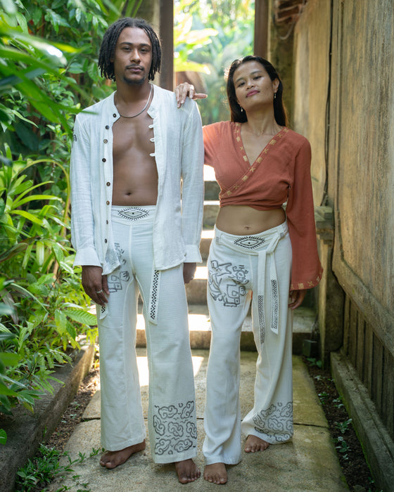 White Cotton Shaman Shirt – Unisex Spiritual Boho Top – Handmade Festival Clothing – Tribal Yoga Wear