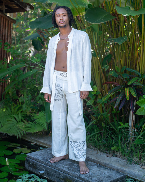 White Cotton Shaman Shirt – Unisex Spiritual Boho Top – Handmade Festival Clothing – Tribal Yoga Wear