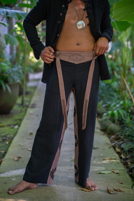 Black Cotton Shaman Shirt – Tribal Stamp Print, Ethnic Handmade Tee