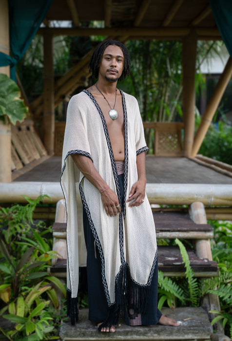 Versatile handmade cotton poncho in tribal shaman style, designed as a cardigan or ritual wrap with sacred symbolism