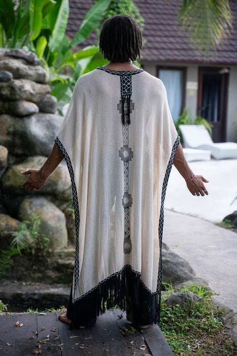 Bohemian shamanic poncho kimono made of 100% cotton, featuring spiritual embroidery and unisex design