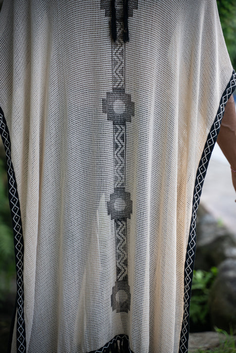 Ayaho's ethnic cotton poncho kimono with sacred geometric patterns, perfect as Burning Man or beachwear outfit
