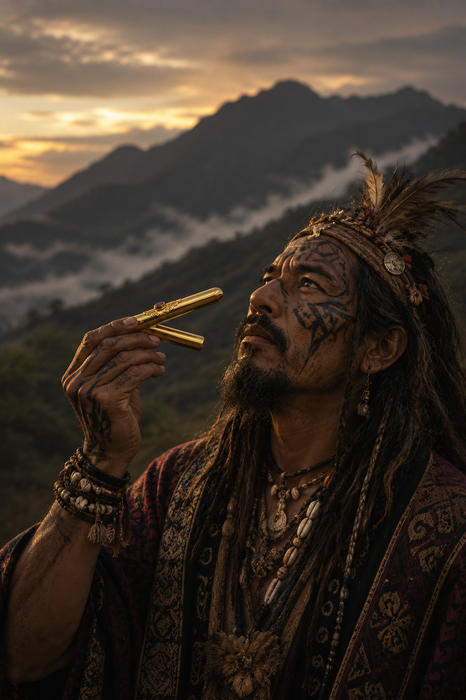 Ceremonial Pipe Gold Plated Bronze | Onyx Amethyst Gemstone | Sacred Herbal Applicator | Bali Tribal Art
