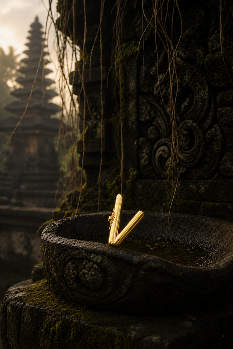 Ceremonial Pipe Gold Plated Bronze | Onyx Amethyst Gemstone | Sacred Herbal Applicator | Bali Tribal Art