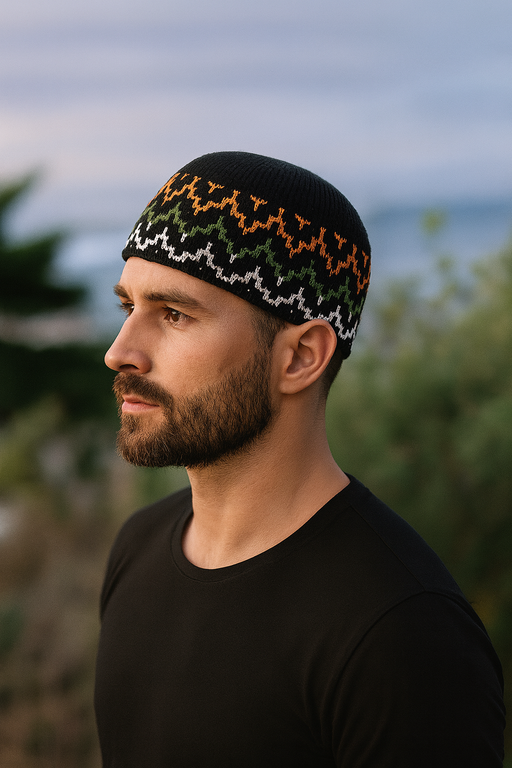 Man wearing a black knit hat with colorful patterns outdoors