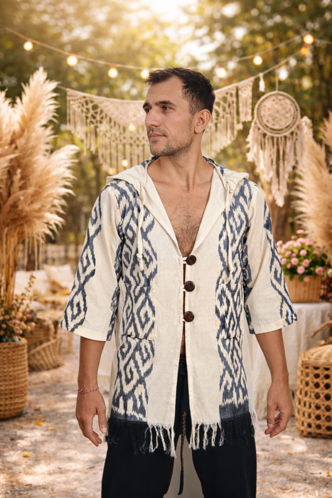 Hooded Kimono Jacket | 100% Cotton Bali Handmade | Unisex Ethnic Boho Cardigan for Festival, Hiking & Travel