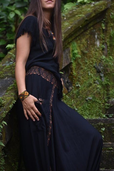Achieve effortless style with Comfy Boho Pants Alladine, Brown Pattern RAYON, a staple for any bohemian look.