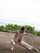 Person practicing martial arts on a dirt path with greenery in the background