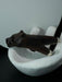 Dark brown animal-shaped object on a white stand against a light gray background