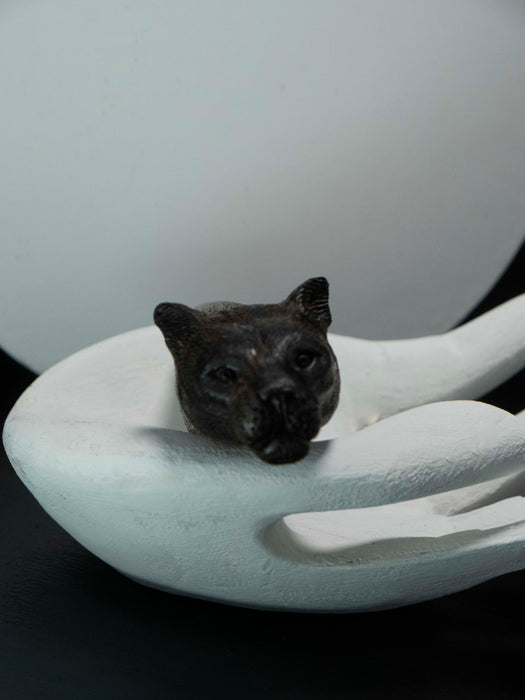 Black cat figurine inside a white ceramic bowl on a black background