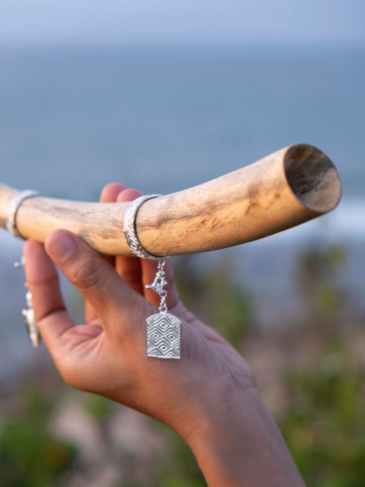 Hand holding a wooden object with a silver pendant against a blurred natural background
