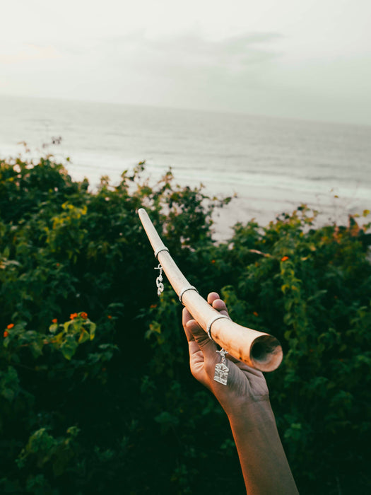 Hand holding a long, cylindrical object against a natural background with trees and water.