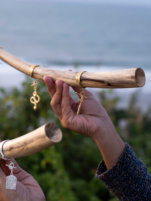 Two hands holding a branch with gold and silver pendants against a blurred natural background