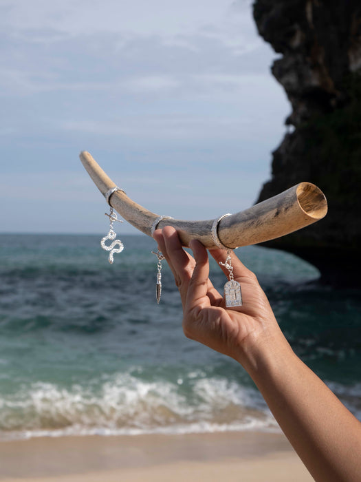 Hand holding a piece of driftwood with charms against a beach background