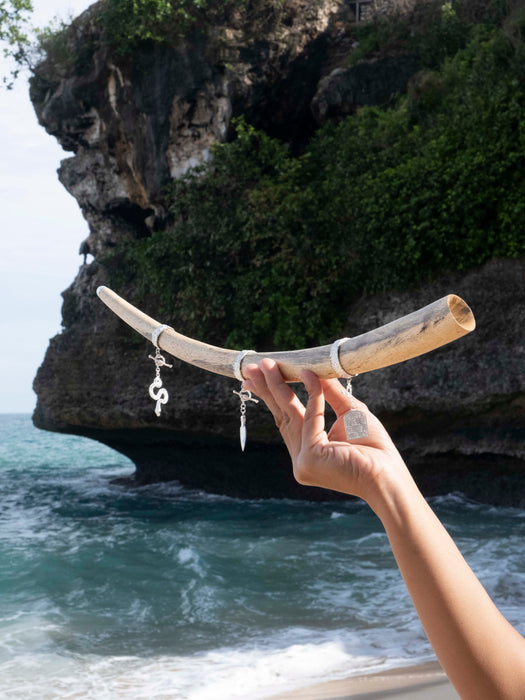 Hand holding a curved piece of driftwood with a small ornament against a rocky coastal background.